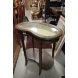 Edwardian Mahogany Inlaid Kidney Shaped Bijouterie Table with undershelf and raised on four square