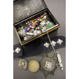 Old cash tin with a collection of vintage Police items to include badges, whistle, buttons etc