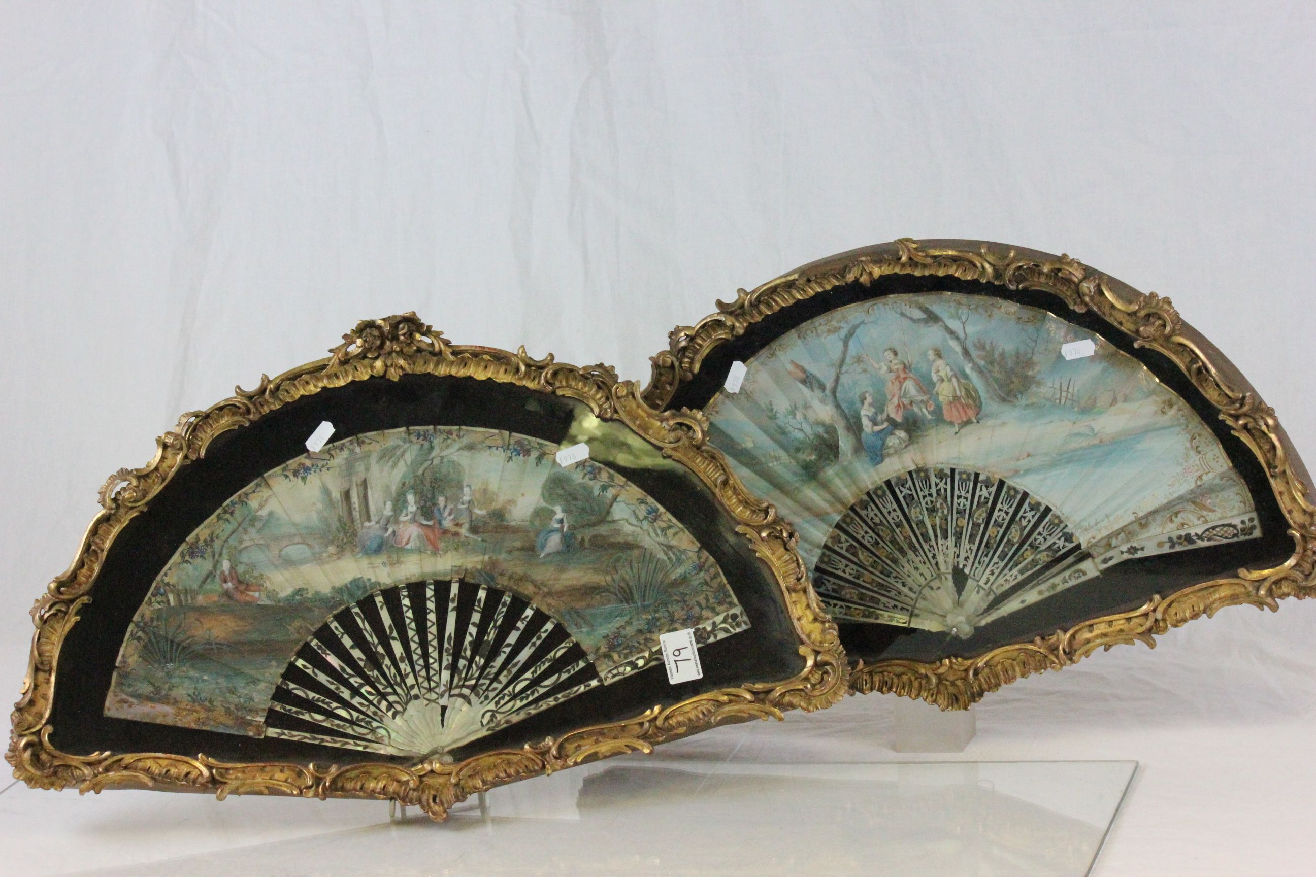 Gilt framed & glazed pair of 19th Century hand painted Fans with Mother of Pearl spines, both marked