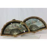 Gilt framed & glazed pair of 19th Century hand painted Fans with Mother of Pearl spines, both marked