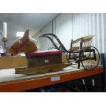 Vintage child's Rocking Horse toy and a child's Sedan type pull along chair in wood with metal spoke