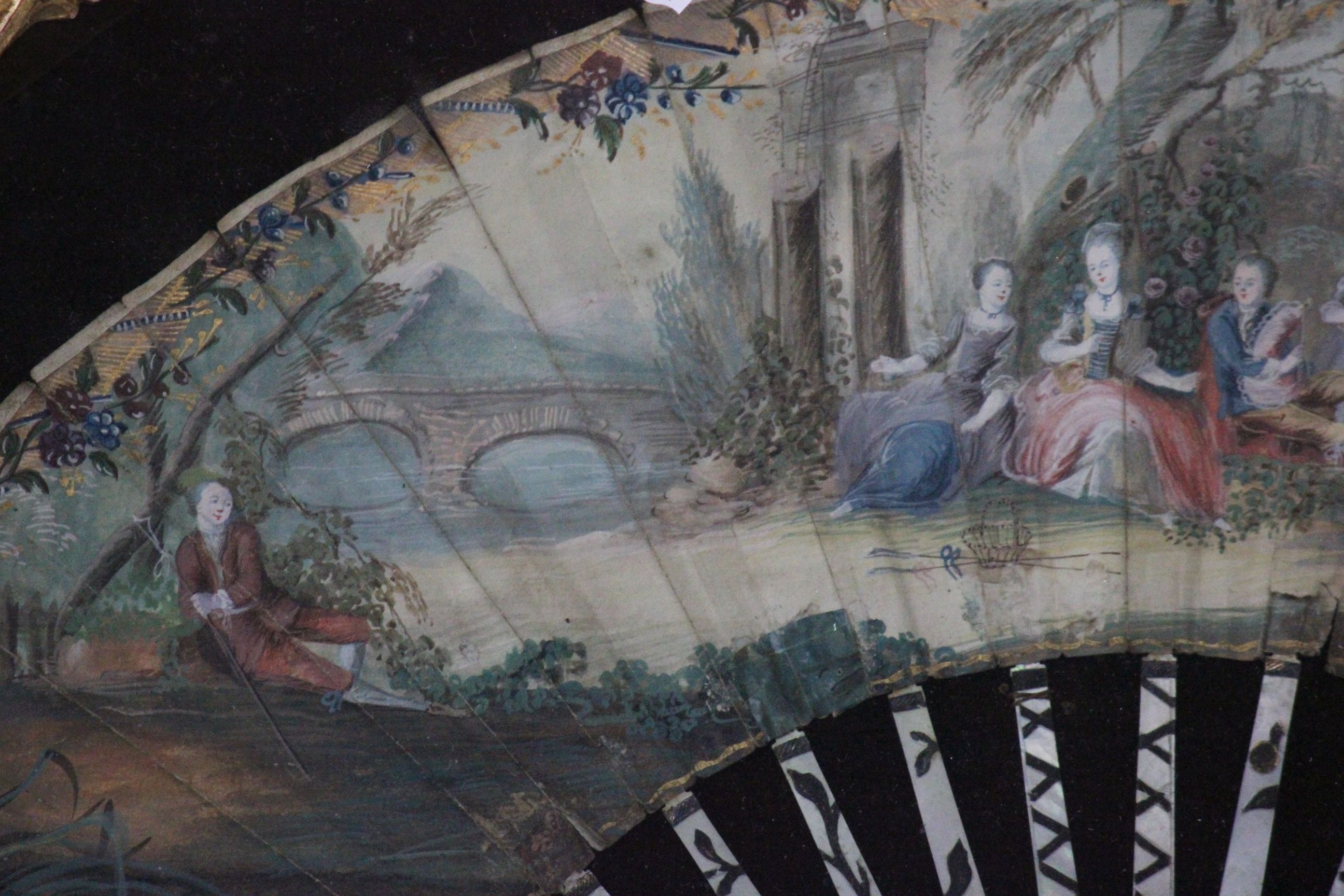 Gilt framed & glazed pair of 19th Century hand painted Fans with Mother of Pearl spines, both marked - Image 3 of 12