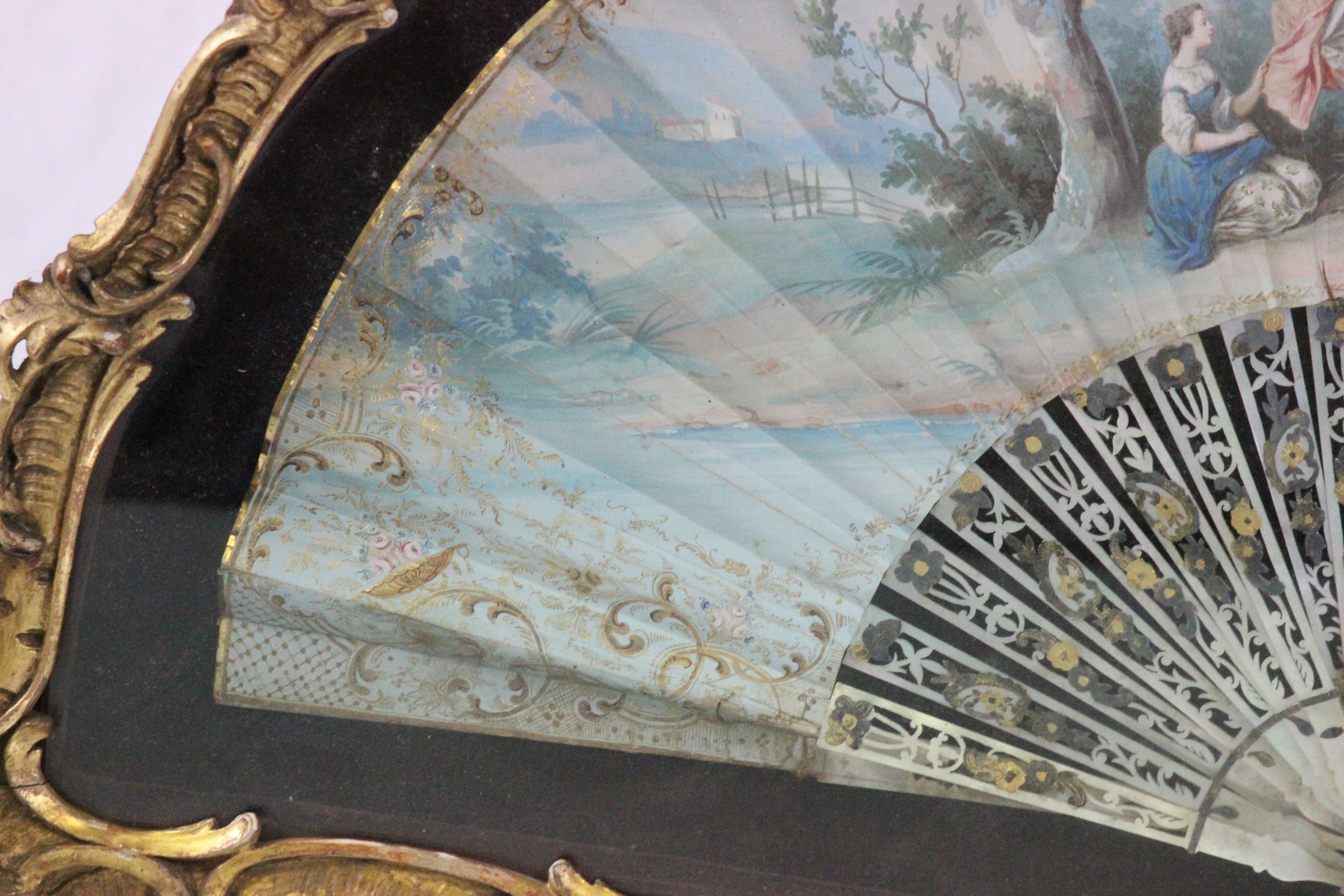 Gilt framed & glazed pair of 19th Century hand painted Fans with Mother of Pearl spines, both marked - Image 10 of 12