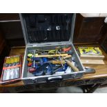 Metal case with a collection of vintage woodworking & joinery tools to include Stanley Planes,