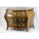 French Walnut and Cross-Banded Bombe Chest of Three Long Drawers with gilt metal mounts.