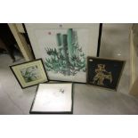 Framed and Glazed Watercolour of Bamboo with Chinese signature together with two Oriental