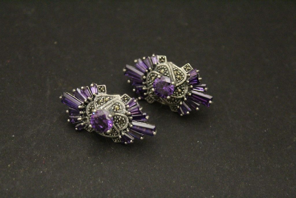 Pair of silver marcasite and Amethyst earrings