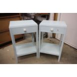 Pair of blue painted sturdy oak bedside tables with drawers, by Herbert Gibbs, marked 1953