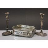 Pair of silver plated candlesticks and a warming bowl