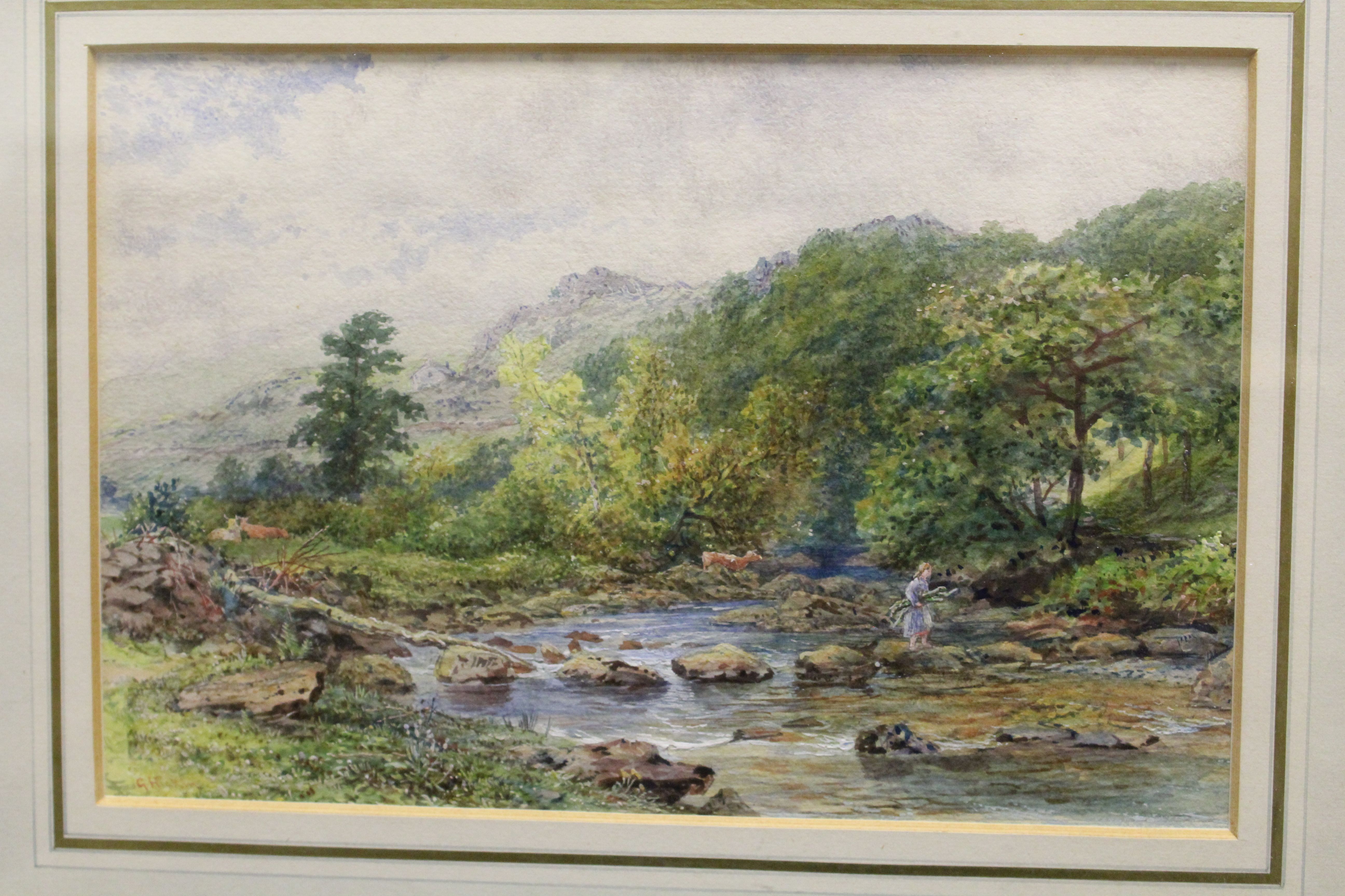 George Arthur Hickin, circa late 19th century, watercolour. Figure crossing mountain stream with - Image 2 of 2
