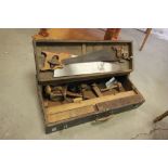 Vintage Wooden Tool Box with various wooden handled Tools including saws