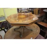 Octagonal Walnut and Foliage Inlaid Low Table on Four Splay Legs