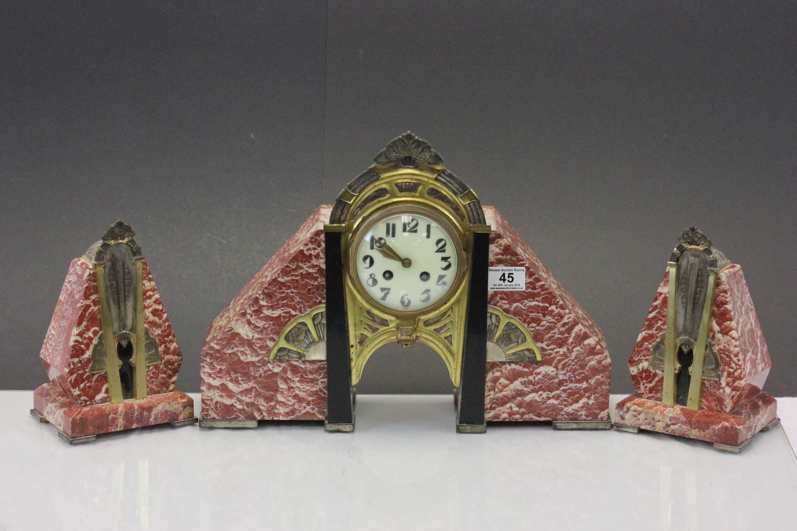 French Art Deco Marble & Brass clock with Garnitures