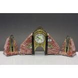 French Art Deco Marble & Brass clock with Garnitures