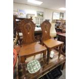 Pair of Victorian Oak Hall Chairs with Carved Backs and Solid Seats