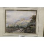 19th century watercolour view coastal scene with figures and hilltop castle