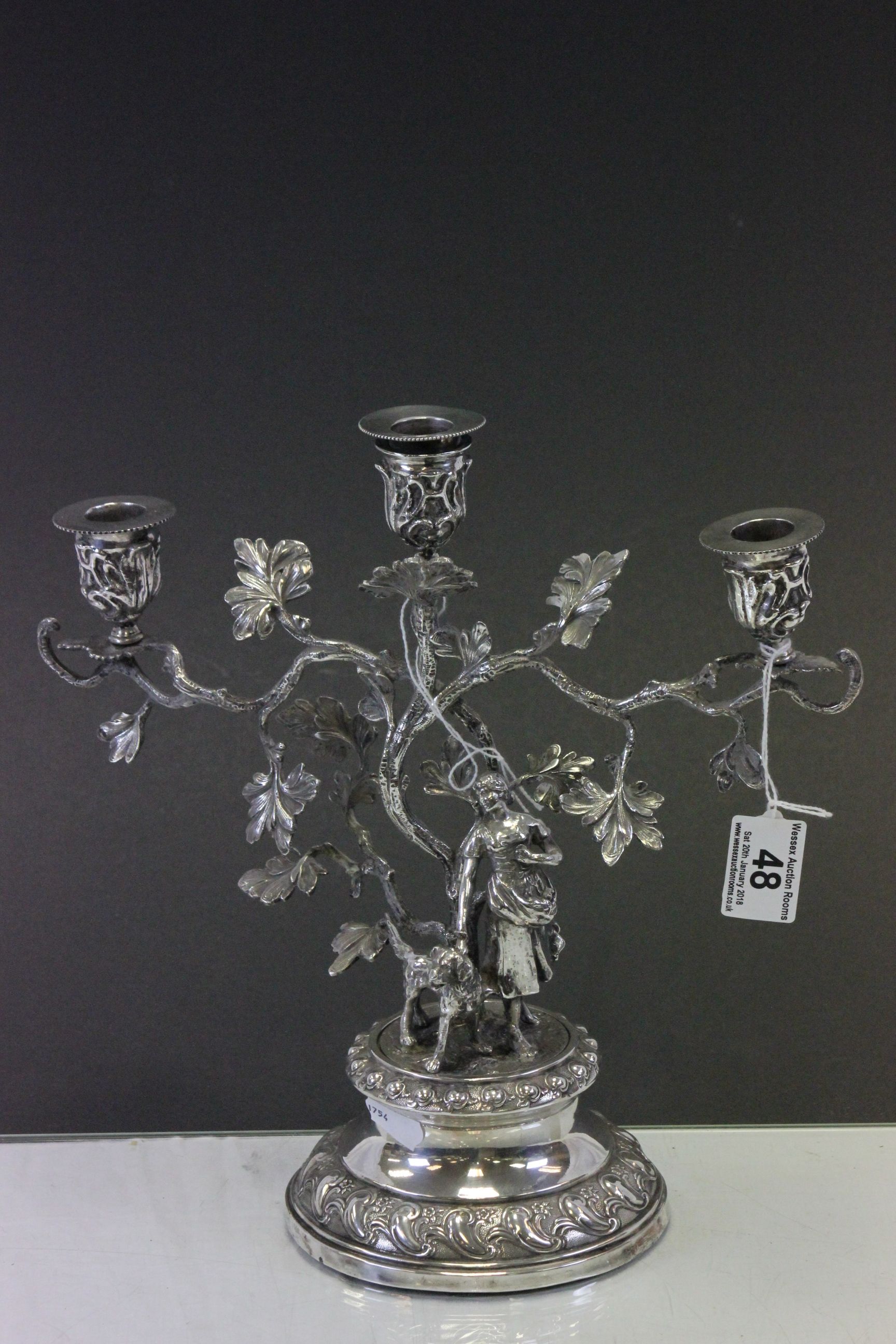 Silver plated three branch Candlestick in a Tree design with girl & dog to base