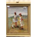 An oil painting portrait of two girls on a seashore with toy sailboats