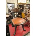 Victorian Mahogany Swivel Elbow Office Chair with Carved and Shaped Back Rail with Brass Studded