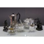 Small collection of Silver plate to include a three piece teaset and a pair of Bronze effect resin