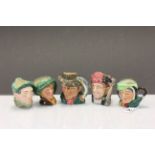 Group of five small Royal Doulton Toby character jugs to include; Sarey Gamp, Auld Mac, The