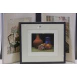 A pair of limited edition prints of interior scenes indistinctly signed and a similar still life.