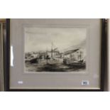 Pen and wash coastal scene indistincly signed .