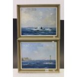 Hugh Ridge pair of oil on canvas paintings seascapes. signed with gallery label verso.