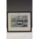Monochrome Watercolour of Sheep in Field signed M Thomas
