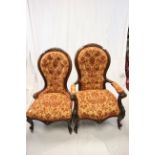 Pair of Victorian Mahogany Spoon and Button Back Gentleman's and Lady's Salon Chairs