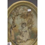 An antique oval silk picture of young girl with sheep.