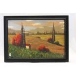 A signed oil painting of a Tuscan landscape in summer