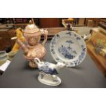 19th Century willow pattern cow creamer and a blue & white Oriental plate