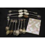 Mother of Pearl Card case and a collection of mainly Silver collectors spoons