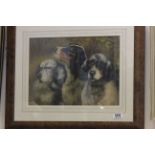 A mahogany veneer framed oil painting study of three spaniel working dogs
