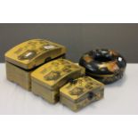 Set of three wooden box within boxes with printed decoration & an Oriental circular trinket box