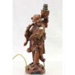 Carved Chinese wooden figure in the form of a lamp base