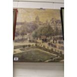 Oil on canvas of Parisian park scene with rooftops in distance by Gail Sherman Corbett (1871 -