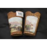 Pair of Swiss wooden spill holders with hand painted landscape Alpine pictures