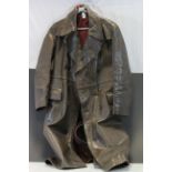 A world war 2 German military leather trench long coat Wehrmacht zip marked Ruhr.
