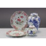 A pair of famille rose octagonal plates, an oriental lidded vase and similar ginger jar.