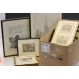 A quantity of framed prints in two boxes.