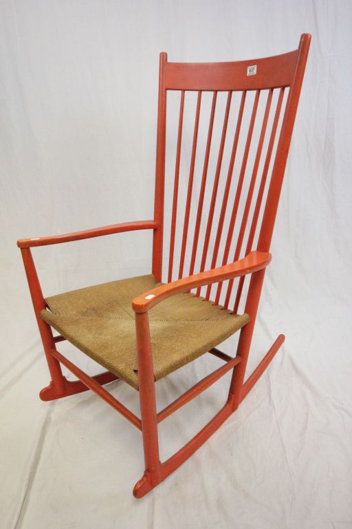 1960's Danish Orange Rocking Chair with String Seat, probably Hans J ...