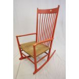 1960's Danish Orange Rocking Chair with String Seat, probably Hans J Wegner, stamped under arm