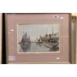 Hawksworth water colour harbour scene with yachts and boats info verso.