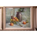 A studio framed oil painting still life of flowers, fruit and ceramic ware signs