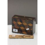 Marquetry wooden jewellery box with Geometric design and a small Cribbage board