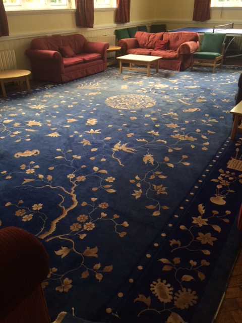 Very Large Woollen Royal Blue Rug with Beige Flowers and Foliage ...
