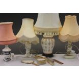 Four vintage table lamps with Ceramic & alabaster bases and a vintage handbrush & mirror set and a