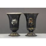 Pair of 19th century Toleware Vases decorated with Landseer Dogs
